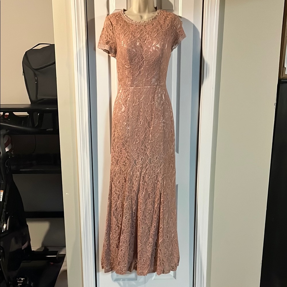 DRESSTELLS Long Lace Bridesmaid Dress Short Sleeved Evening Party Dress Blush